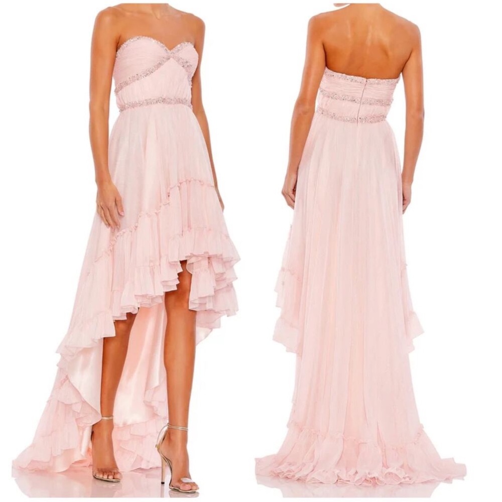 Mac Duggal Beaded Ruffle High Low Gown Ice Pink Jeweled Chiffon 10 NWT
